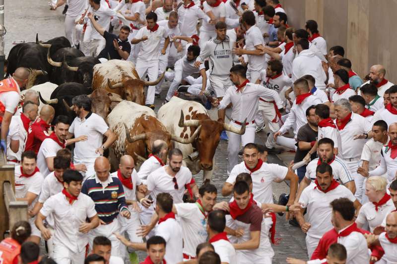 Los mozos son perseguidos por toros de la ganadería gaditana de Fuente Ymbro durante un encierro de los Sanfermines 2025. EFE/ Villar López
